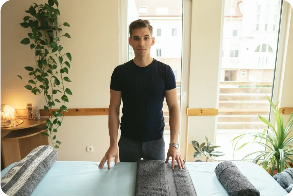 Levi in his massage station